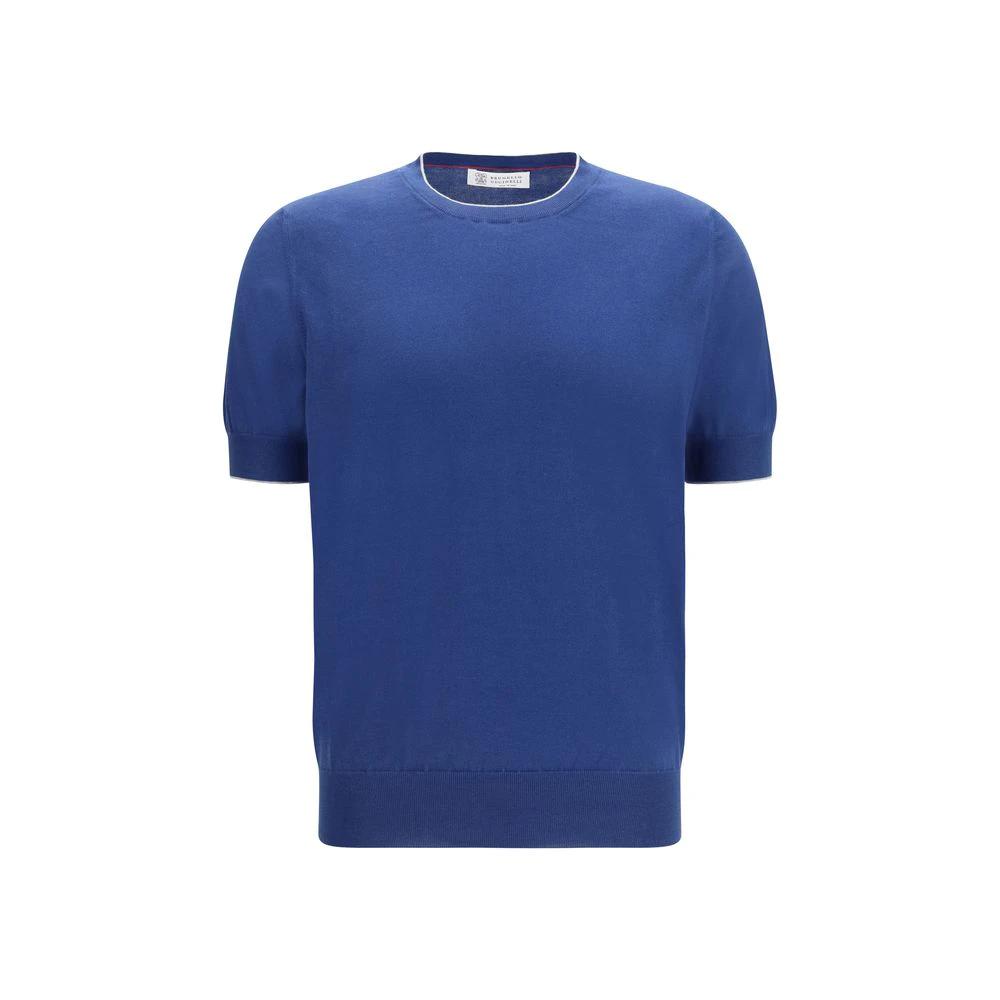 T-shirt bleu coton homme – Brunello Cucinelli col contrasté luxe SS26