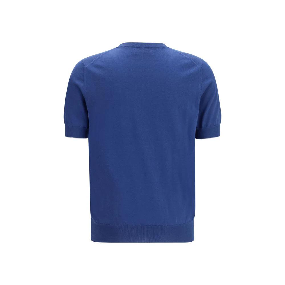 T-shirt bleu coton homme – Brunello Cucinelli col contrasté luxe SS26