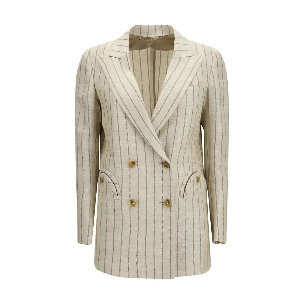 Women’s Beige Linen Blazer – Blazé Milano Double-Breasted Pinstripe Blazer SS26
