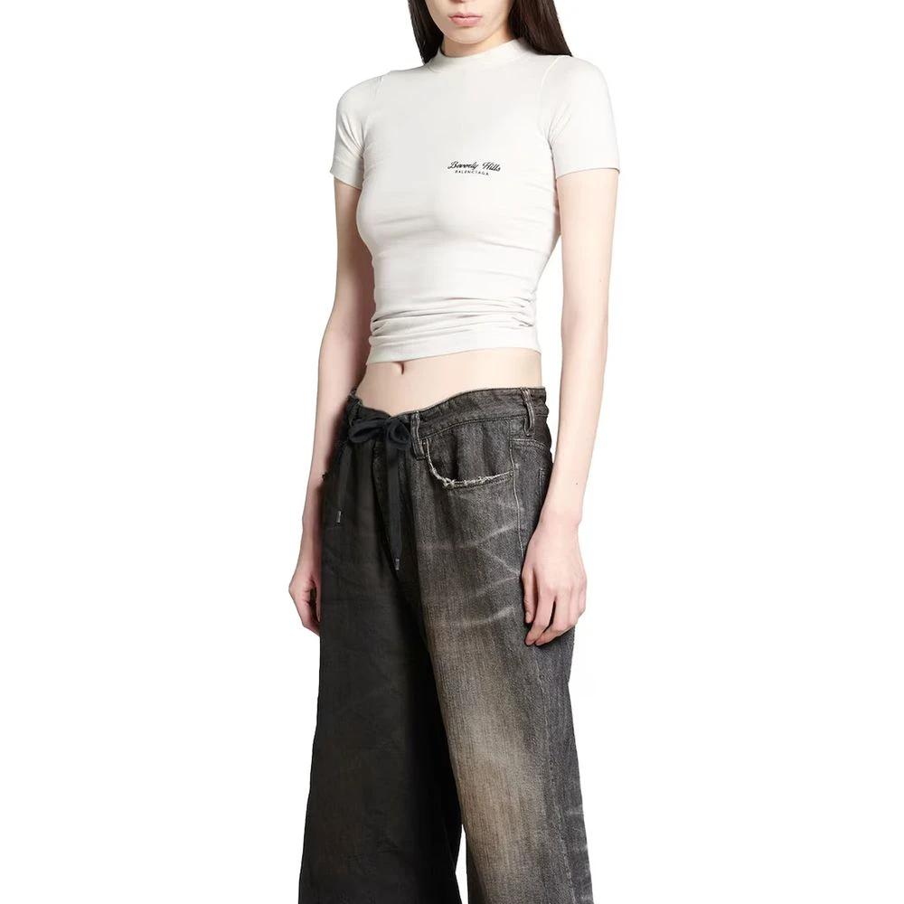 Women’s White Cotton T-Shirt – Balenciaga Slim Fit Embroidered Logo Tee
