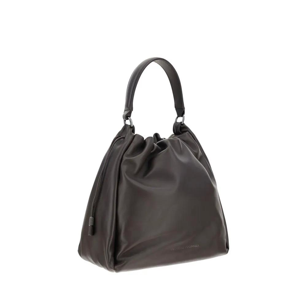 Brunello Cucinelli Brown Calf Leather Bos Taurus Shoulder Bag