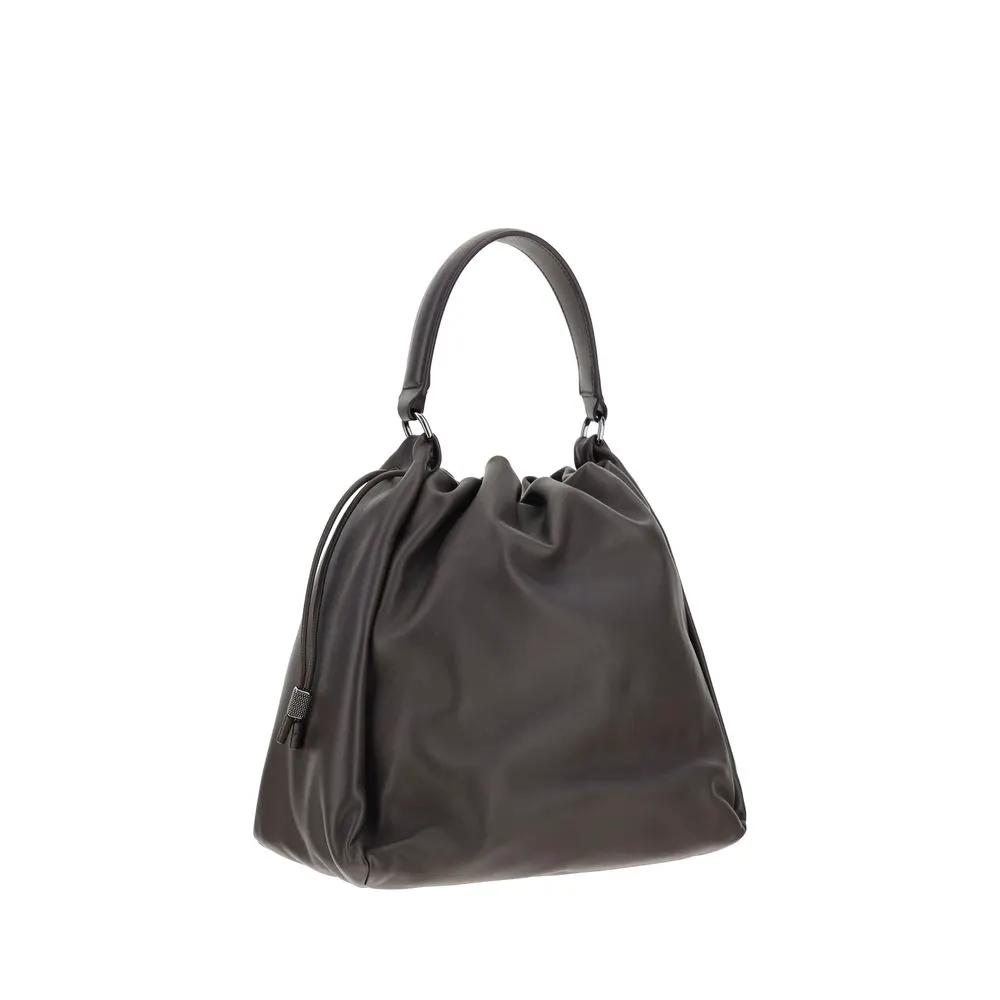 Brunello Cucinelli Brown Calf Leather Bos Taurus Shoulder Bag