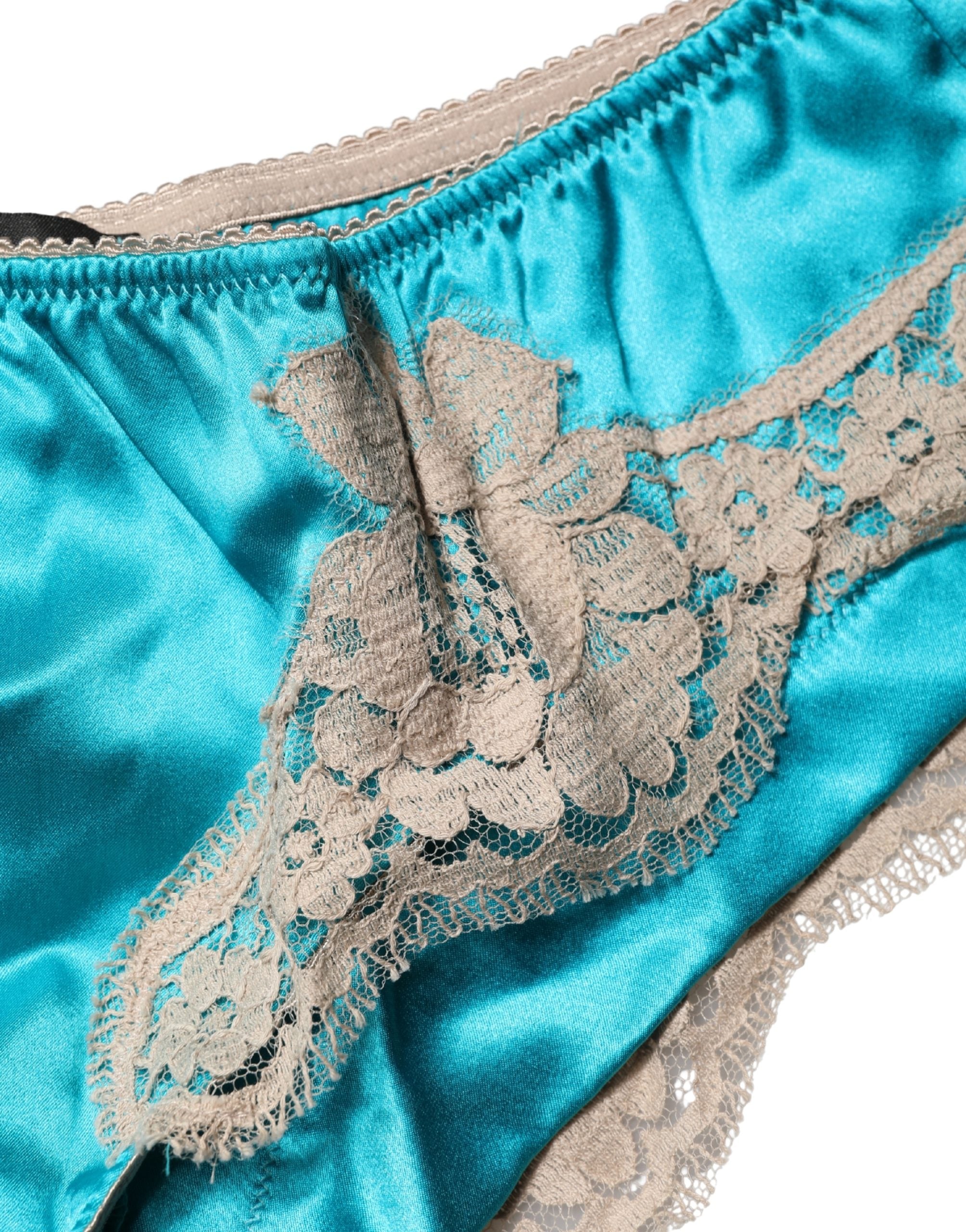 Dolce & Gabbana Blue Silk Satin Floral Lace Panty Brief Underwear