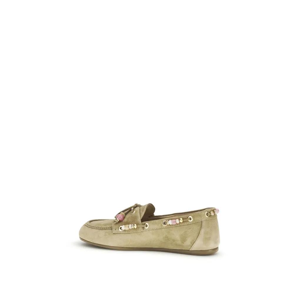 Stuart Weitzman Beige Calf Leather Bos Taurus Slip-On Loafers
