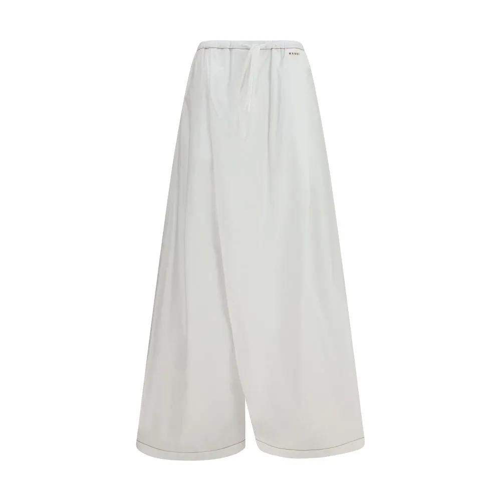 Women’s White Wide-Leg Cotton Pants – Marni Drawstring Casual Trousers SS26