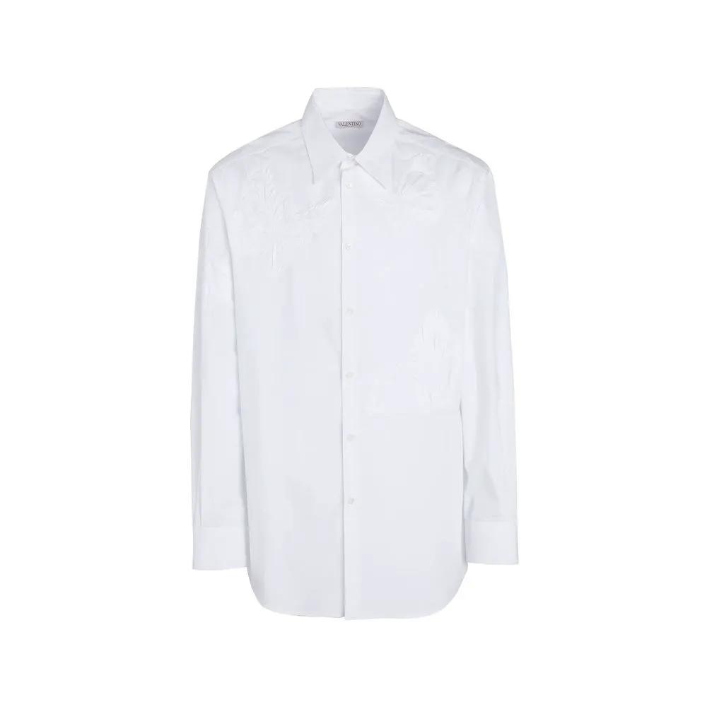 Men’s White Cotton Dress Shirt – Valentino Embroidered Button-Up Shirt