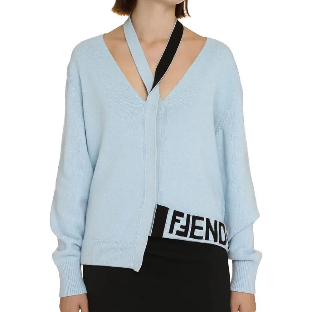 Women’s Blue Cashmere Blend Cardigan – Fendi V-Neck Button Knit with Cut-Out Detail