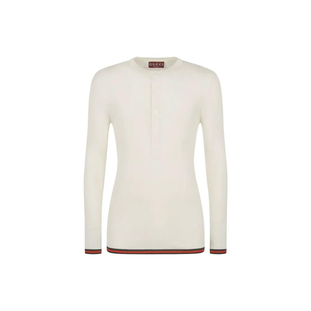 Men’s White Silk Long Sleeve T-Shirt – Gucci Web Stripe Knit with Half Button
