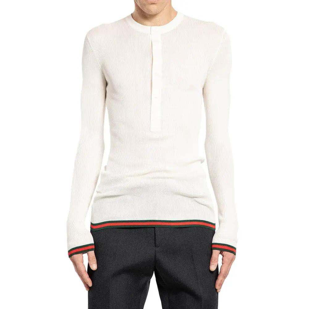 Men’s White Silk Long Sleeve T-Shirt – Gucci Web Stripe Knit with Half Button