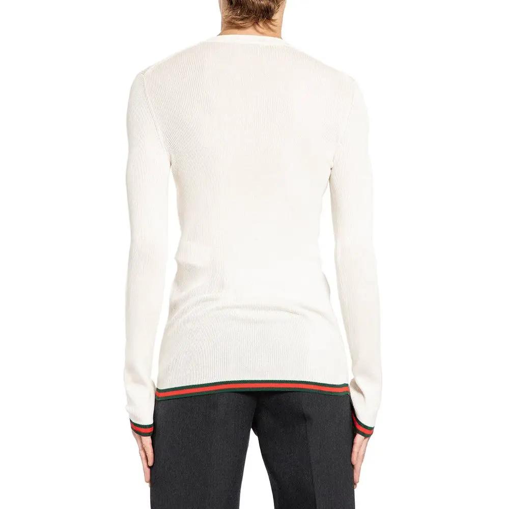 Men’s White Silk Long Sleeve T-Shirt – Gucci Web Stripe Knit with Half Button