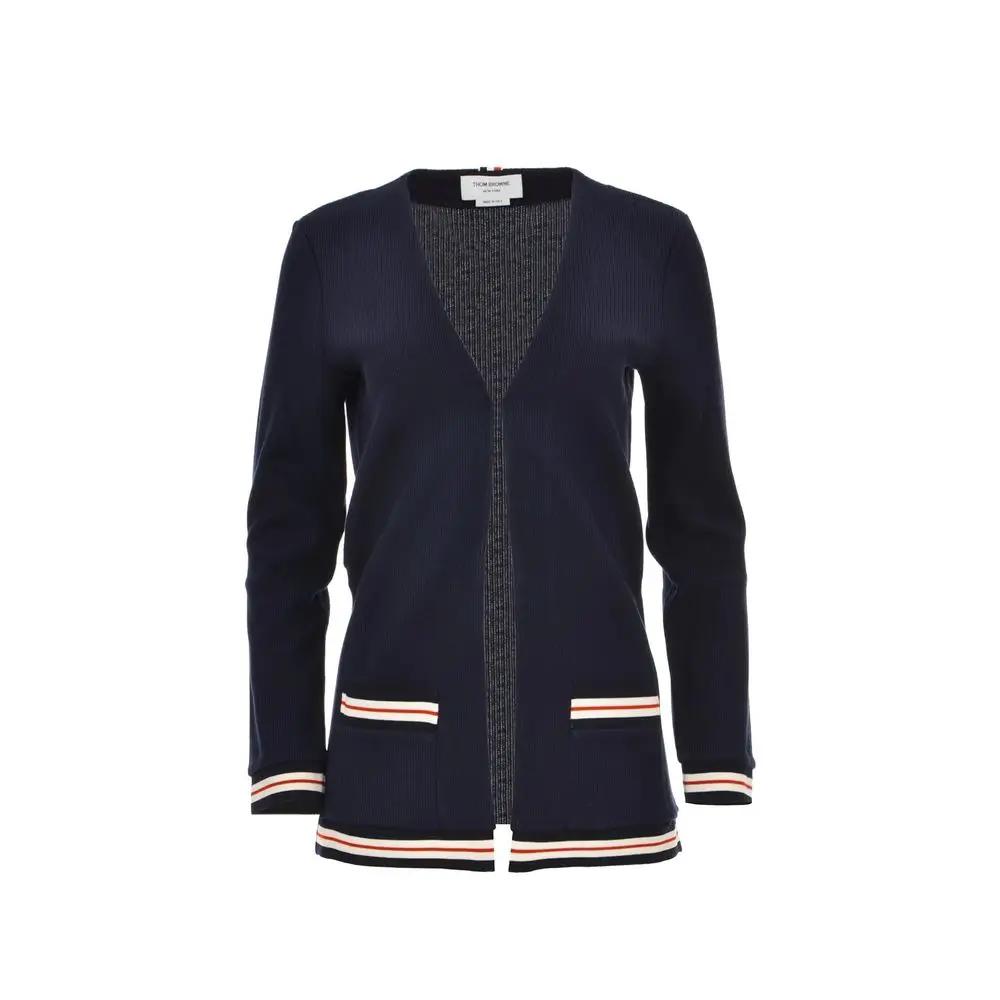 Women’s Blue Cotton Cardigan – Thom Browne Open Knit with Ribbed Trims