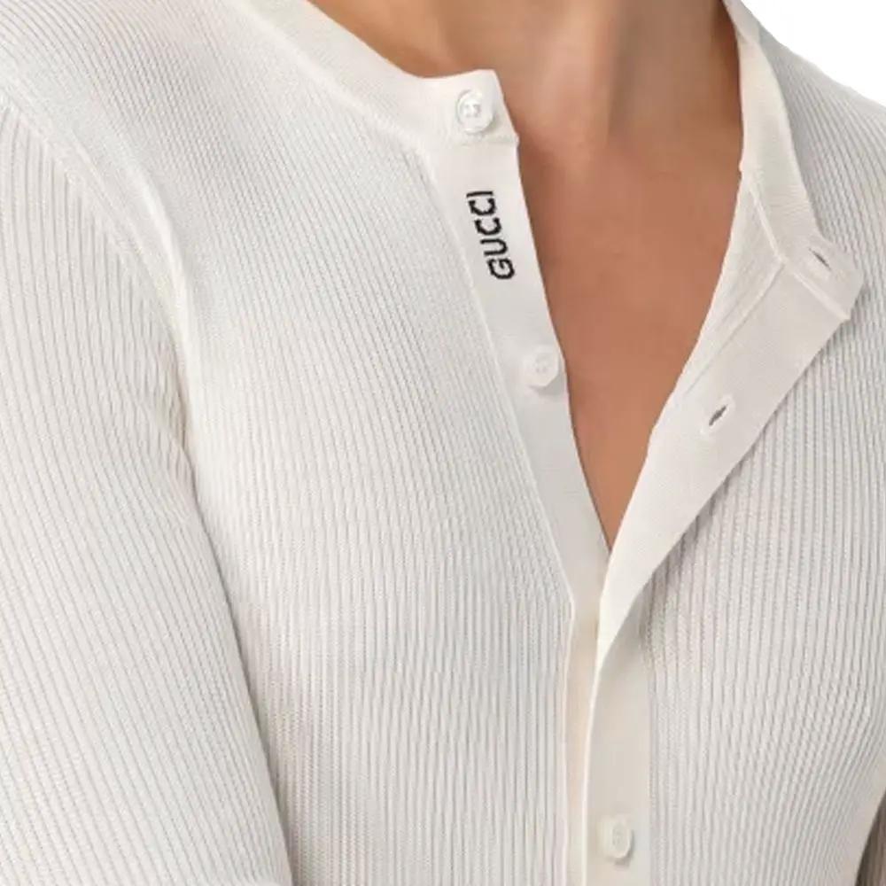 Men’s White Silk Long Sleeve T-Shirt – Gucci Web Stripe Knit with Half Button