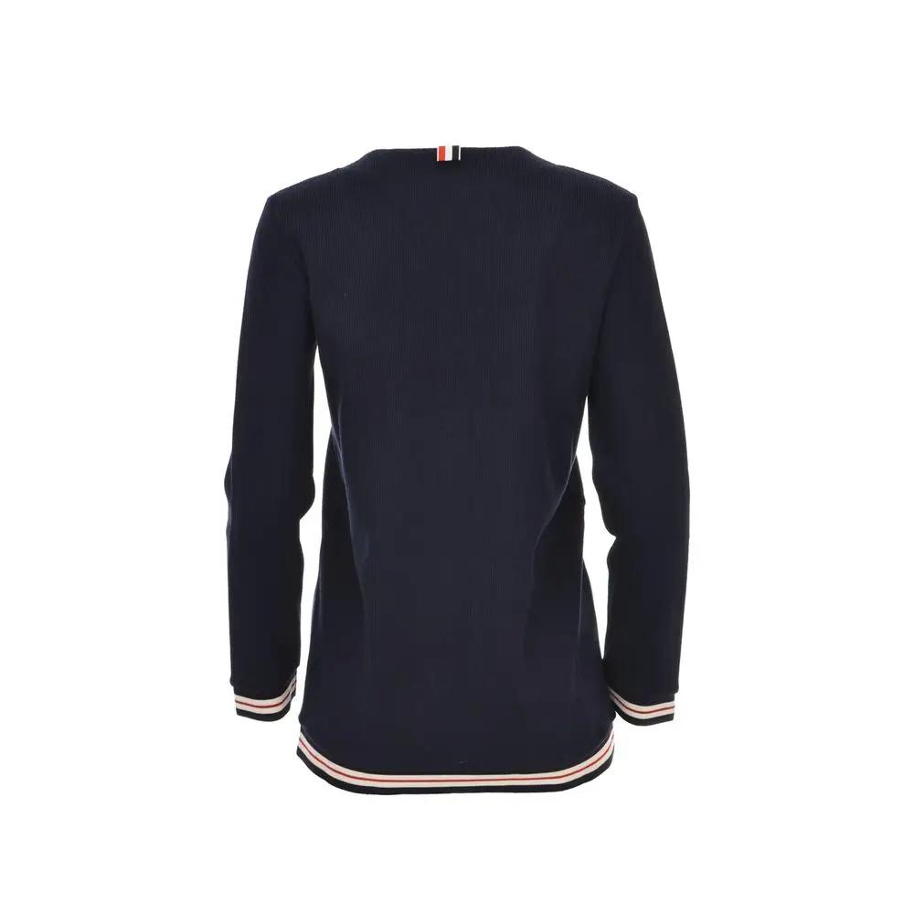 Women’s Blue Cotton Cardigan – Thom Browne Open Knit with Ribbed Trims