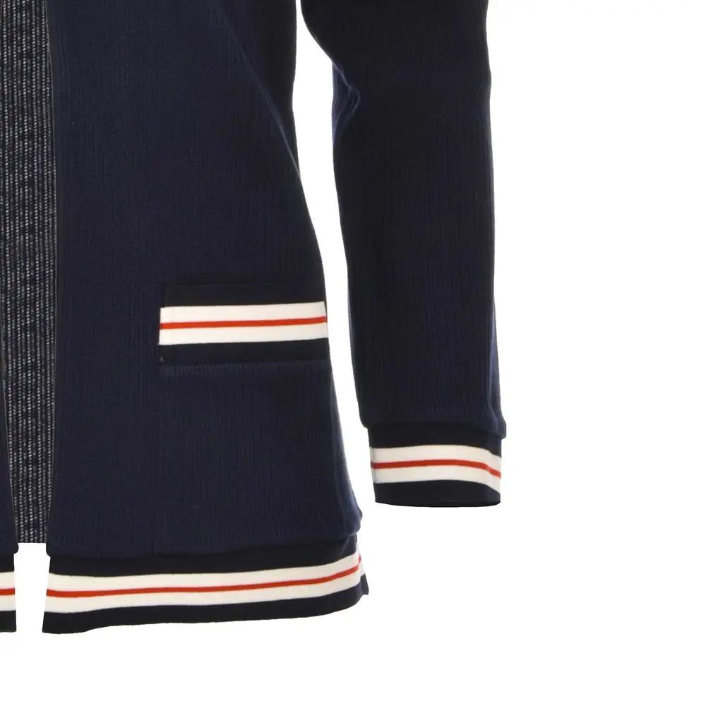 Women’s Blue Cotton Cardigan – Thom Browne Open Knit with Ribbed Trims