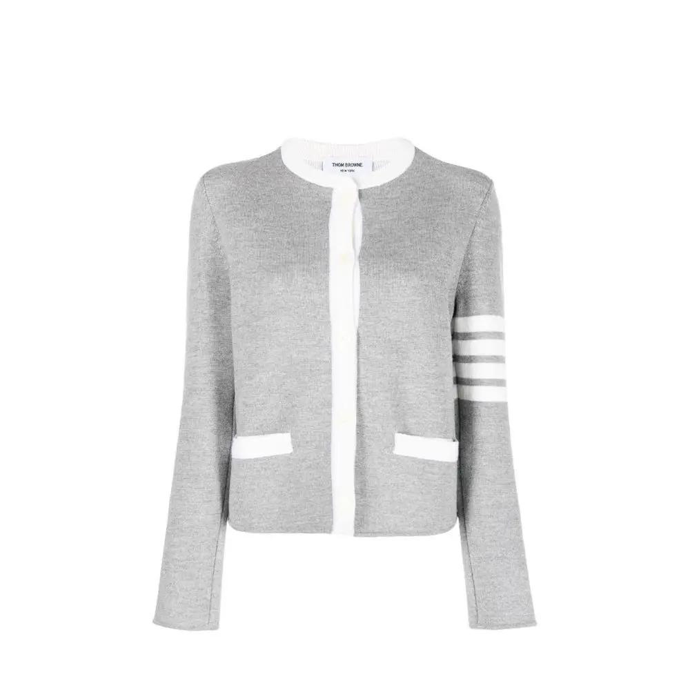 Women’s Grey Wool Cardigan – Thom Browne Button-Up Knit with Ribbed Trims
