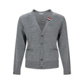Men’s Grey Virgin Wool Cardigan – Thom Browne V-Neck Button Knit Made in Italy