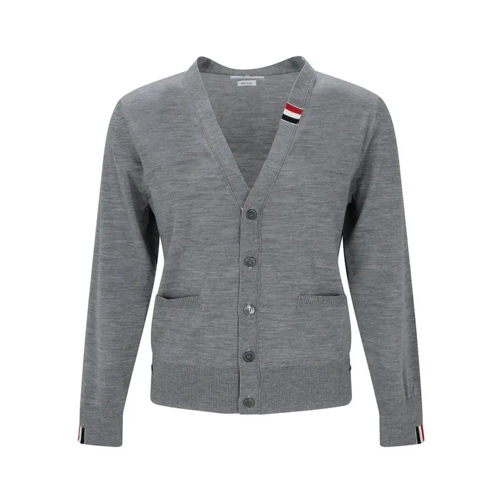 Men’s Grey Virgin Wool Cardigan – Thom Browne V-Neck Button Knit Made in Italy