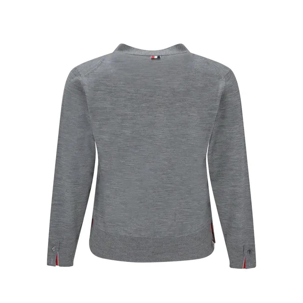 Men’s Grey Virgin Wool Cardigan – Thom Browne V-Neck Button Knit Made in Italy