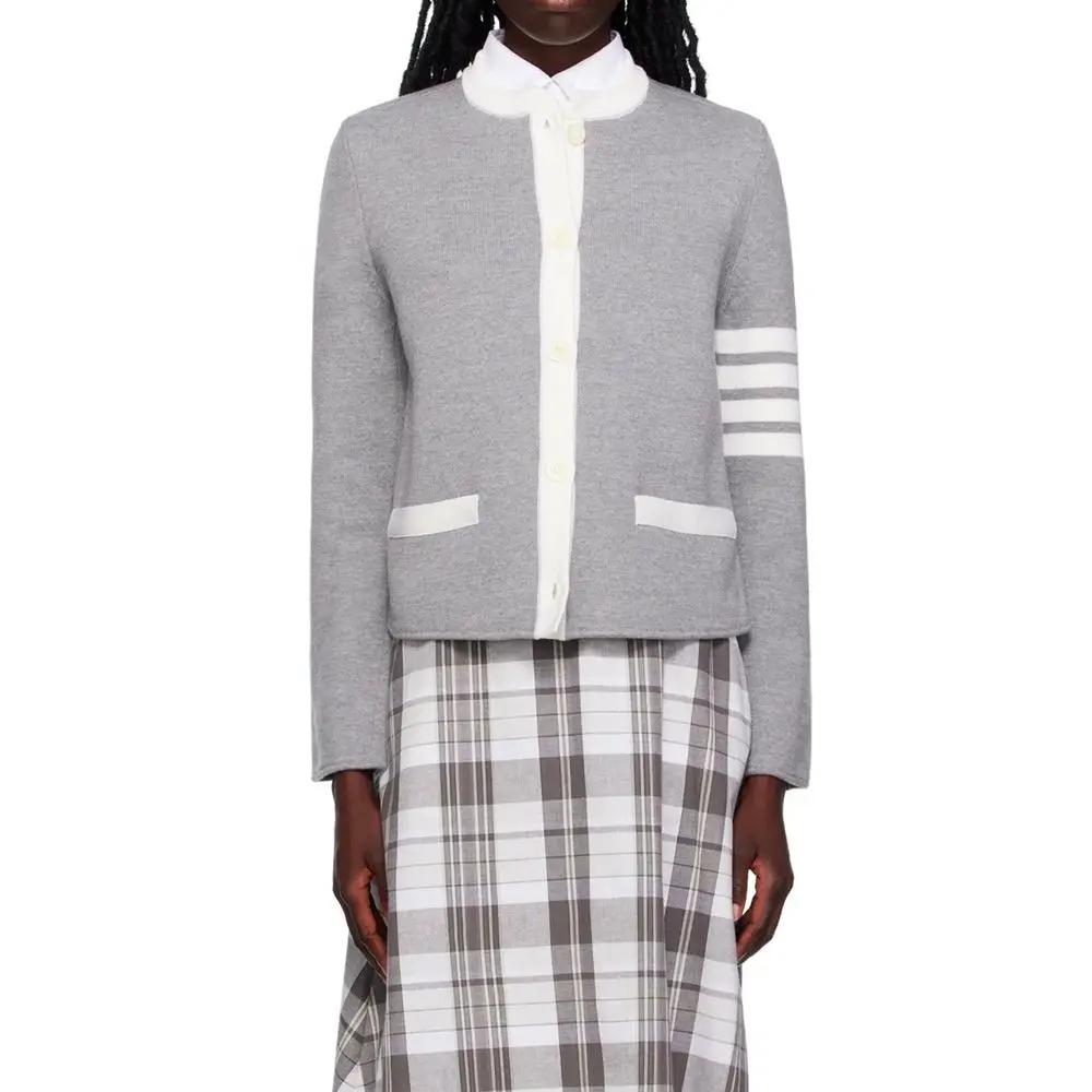 Women’s Grey Wool Cardigan – Thom Browne Button-Up Knit with Ribbed Trims