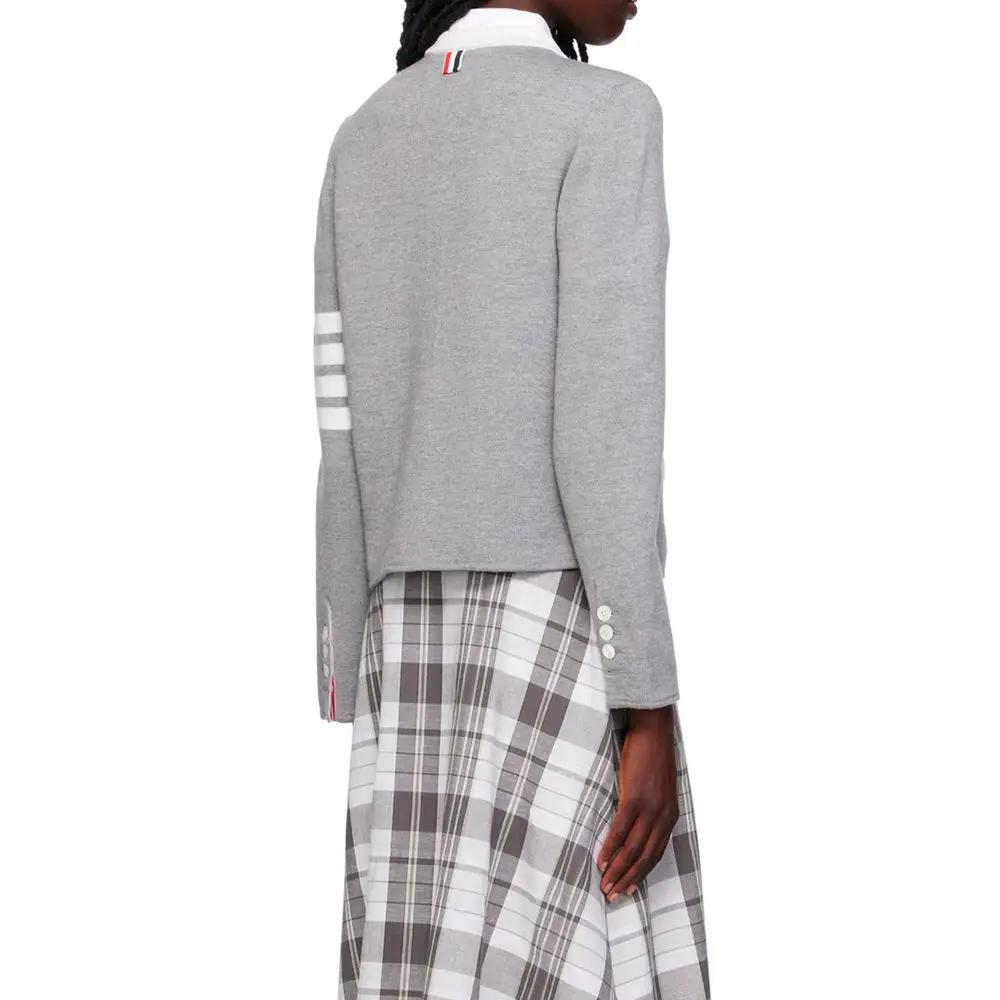 Women’s Grey Wool Cardigan – Thom Browne Button-Up Knit with Ribbed Trims