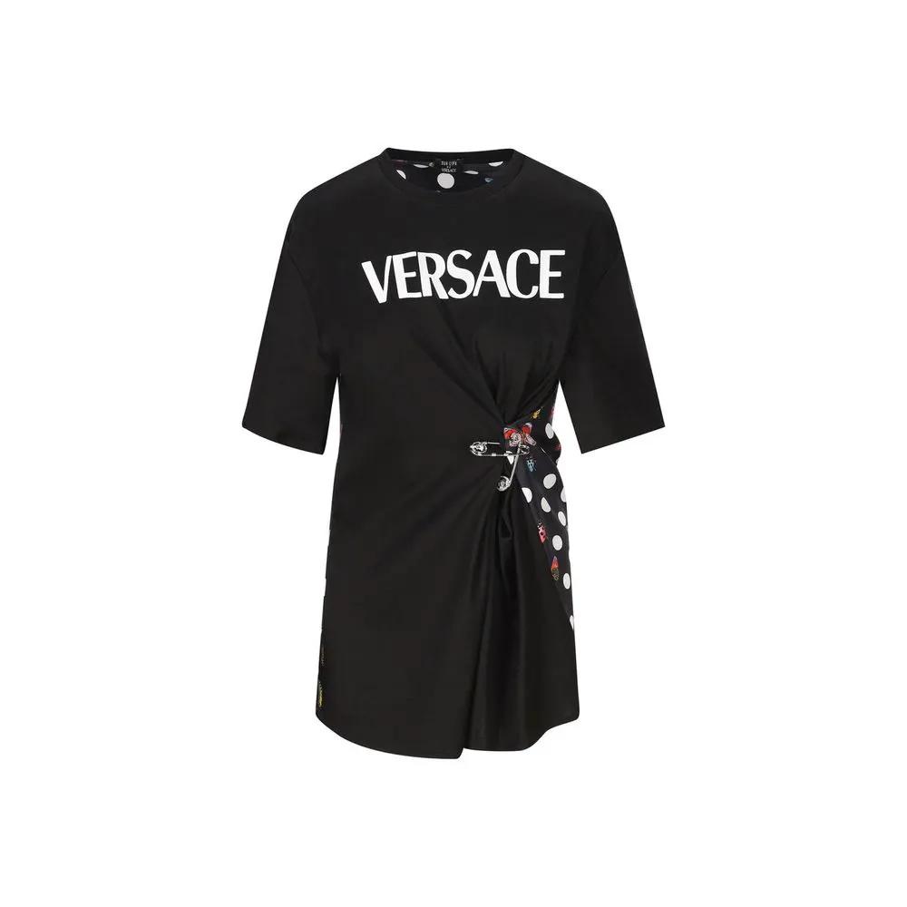 T-shirt noir coton femme – Versace logo contrasté détail épingle