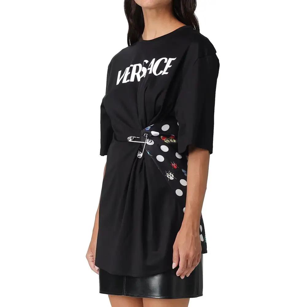 T-shirt noir coton femme – Versace logo contrasté détail épingle