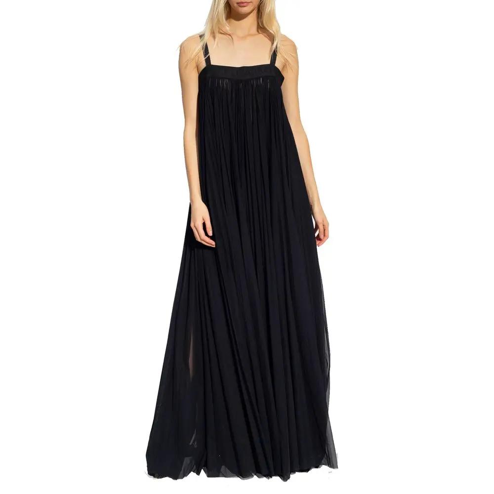 Robe longue plissée noire femme – Dolce & Gabbana col carré élégante