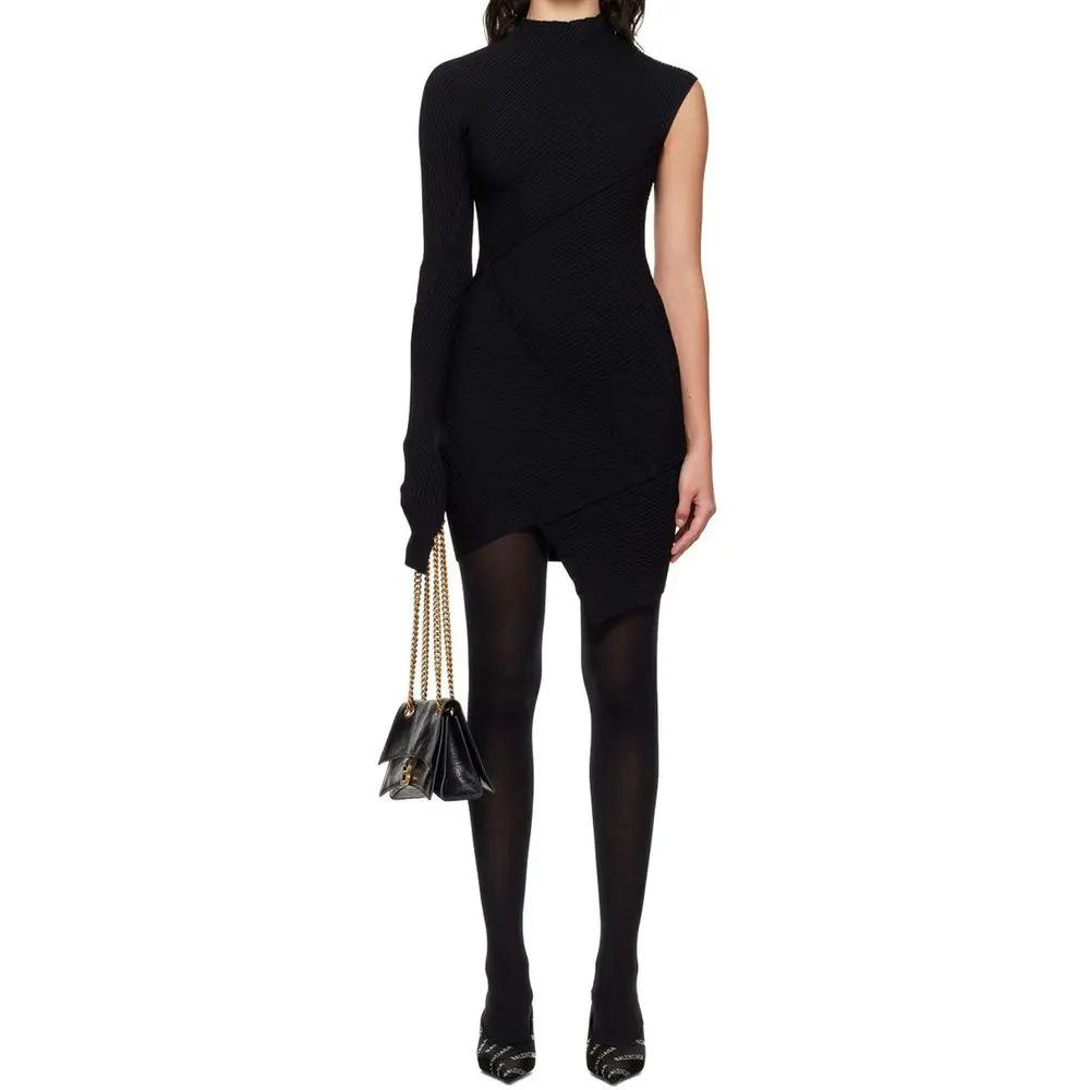 Robe noire asymétrique femme – Balenciaga col montant maille côtelée