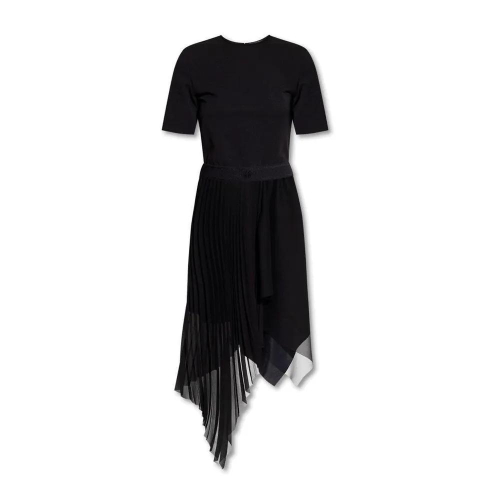 Women’s Black Pleated Dress – Givenchy Asymmetric Draped Midi Dress with 4G Belt