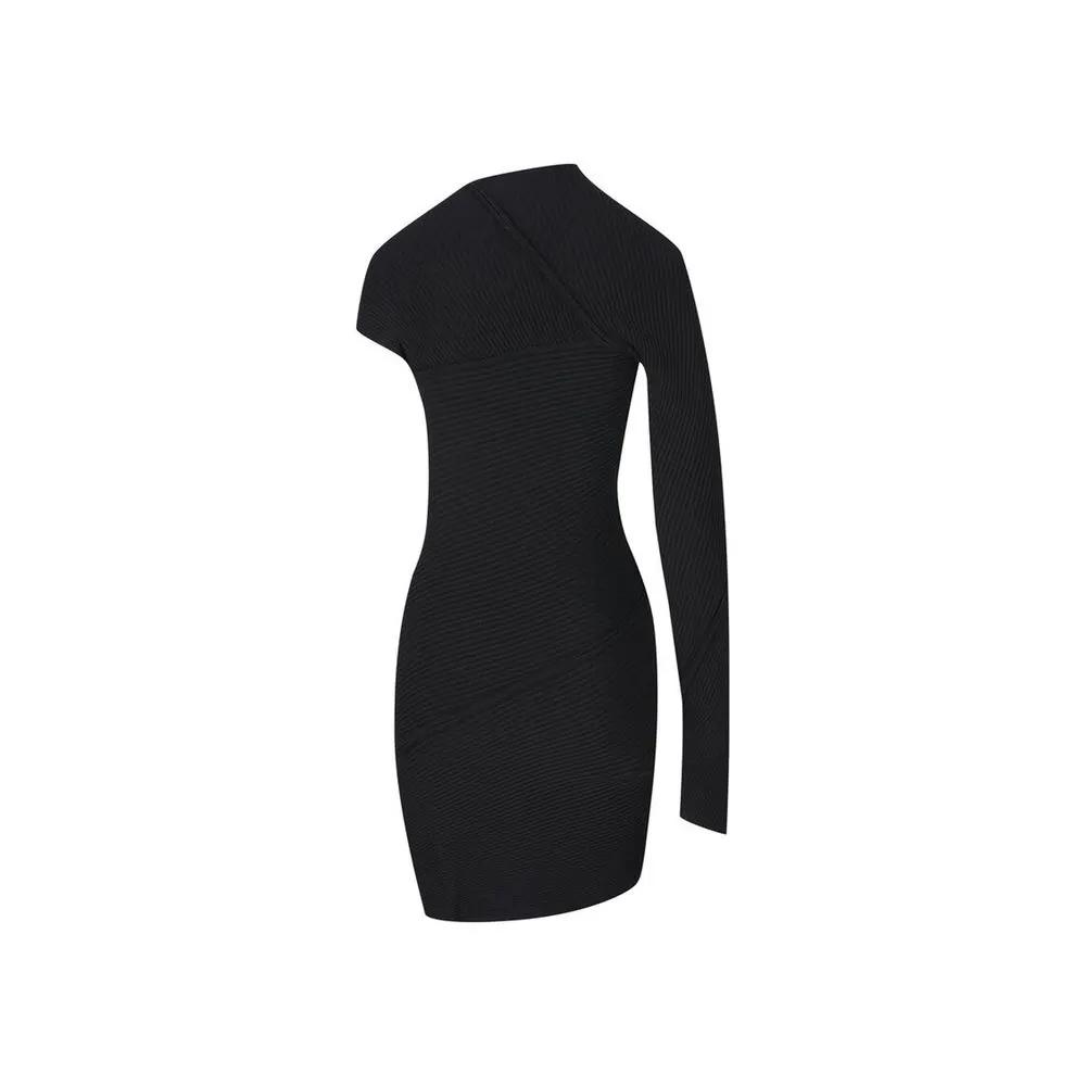 Robe noire asymétrique femme – Balenciaga col montant maille côtelée