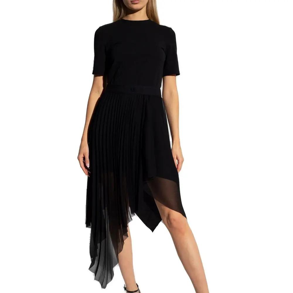 Women’s Black Pleated Dress – Givenchy Asymmetric Draped Midi Dress with 4G Belt