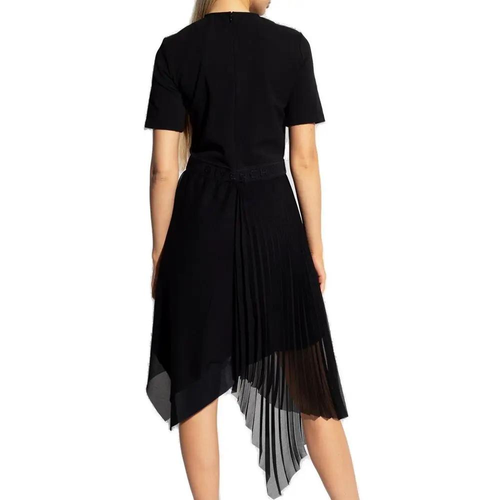 Women’s Black Pleated Dress – Givenchy Asymmetric Draped Midi Dress with 4G Belt