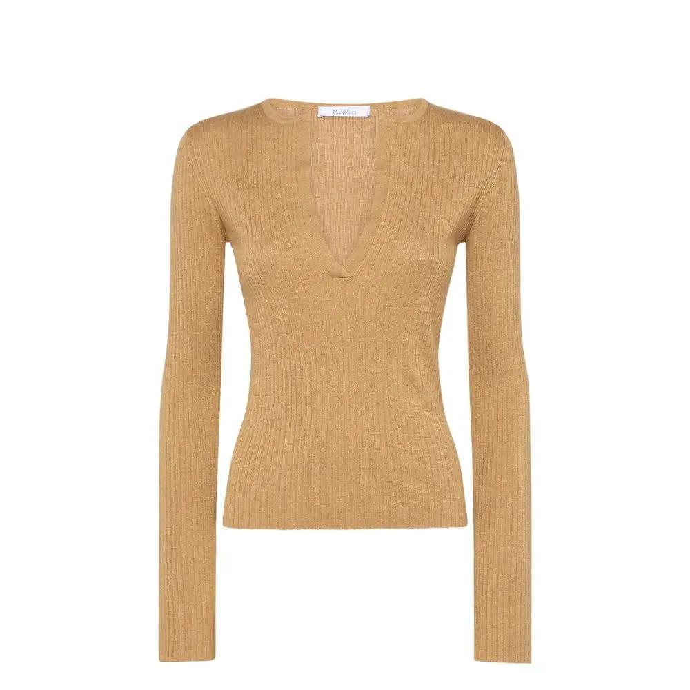 Women’s Brown Cashmere Silk Sweater – Max Mara V-Neck Slim Fit Knit