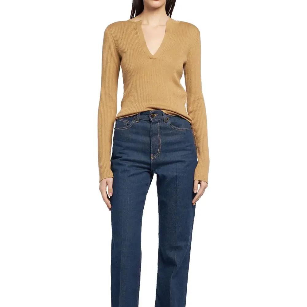 Women’s Brown Cashmere Silk Sweater – Max Mara V-Neck Slim Fit Knit