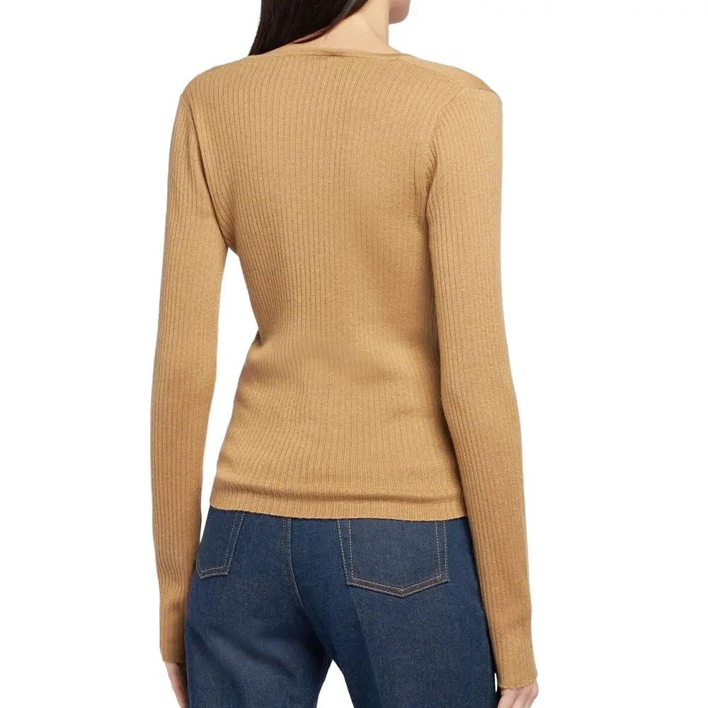 Women’s Brown Cashmere Silk Sweater – Max Mara V-Neck Slim Fit Knit