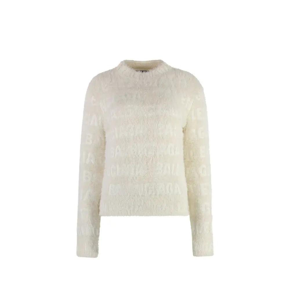 Women’s White Logo Knit Sweater – Balenciaga All-Over Logo Crew Neck