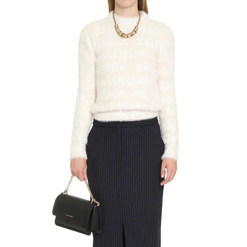 Women’s White Logo Knit Sweater – Balenciaga All-Over Logo Crew Neck