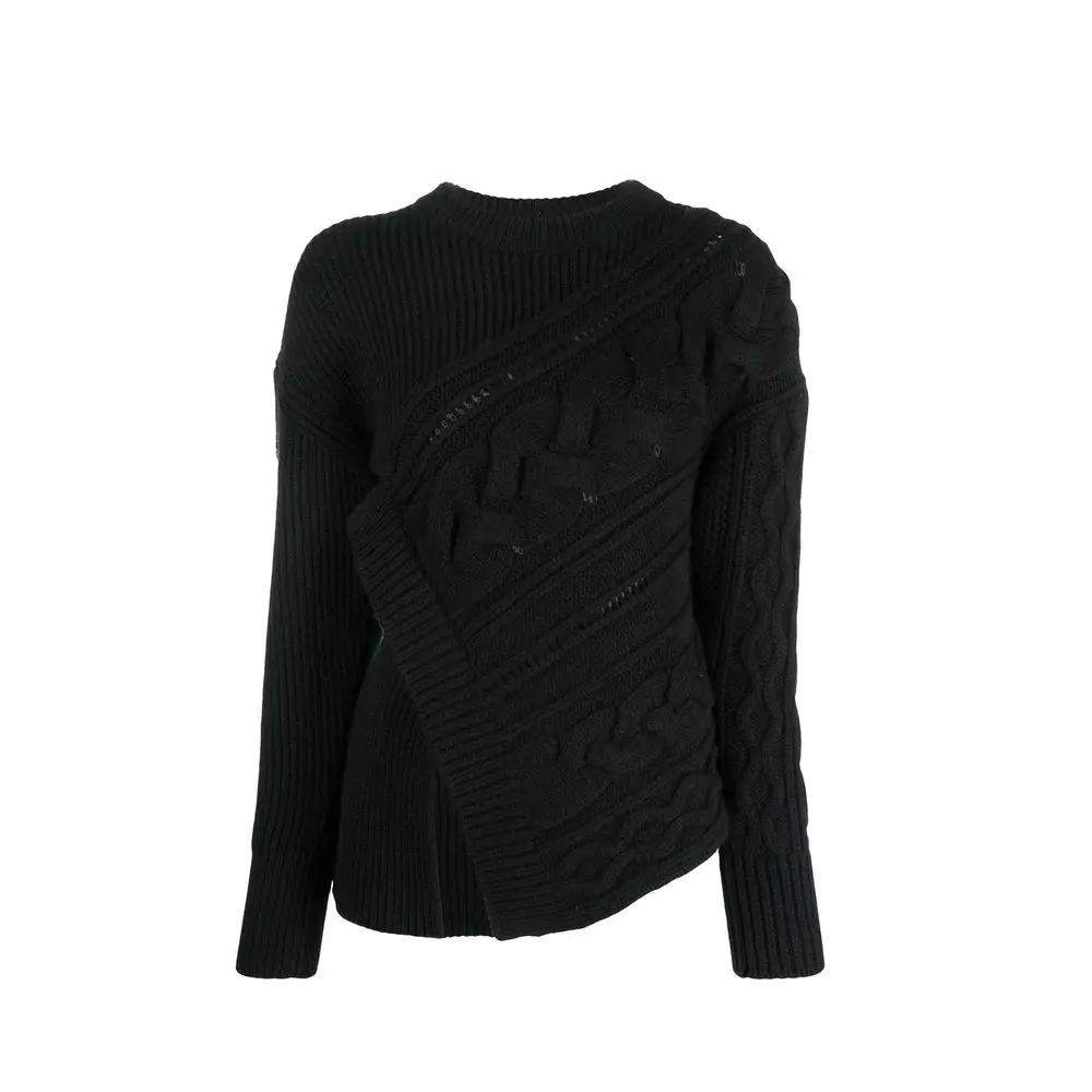 Women’s Black Wool Wrap Sweater – Alexander McQueen Cable Knit with Front Slit