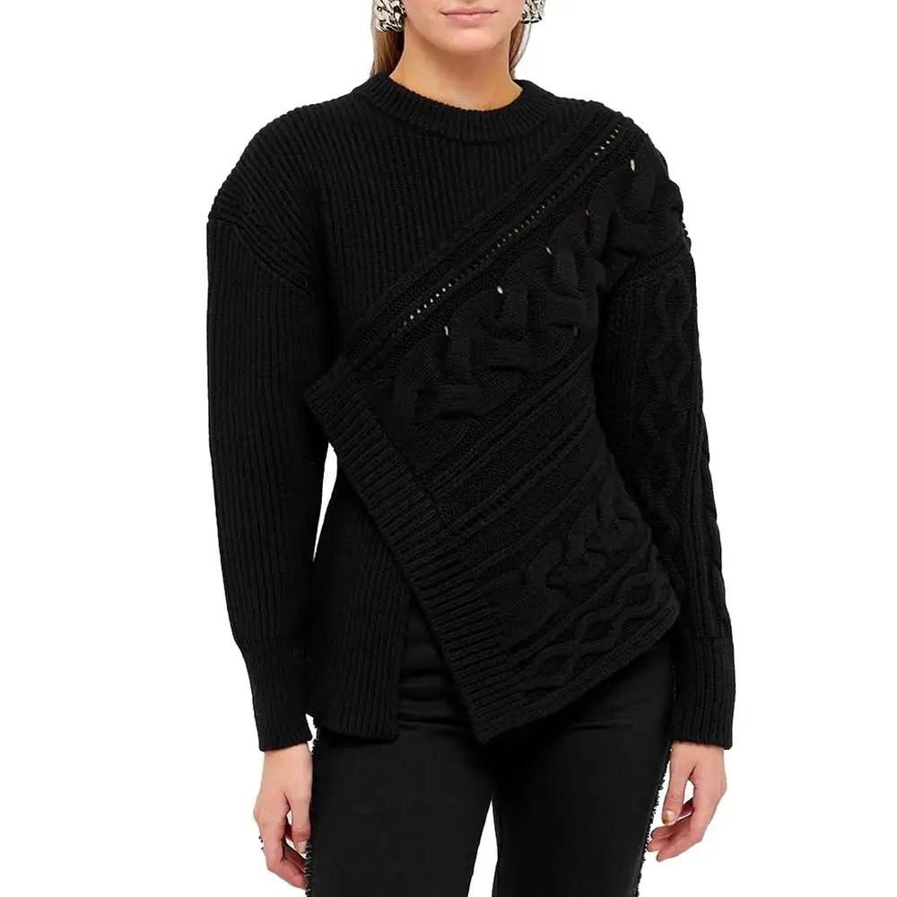 Women’s Black Wool Wrap Sweater – Alexander McQueen Cable Knit with Front Slit