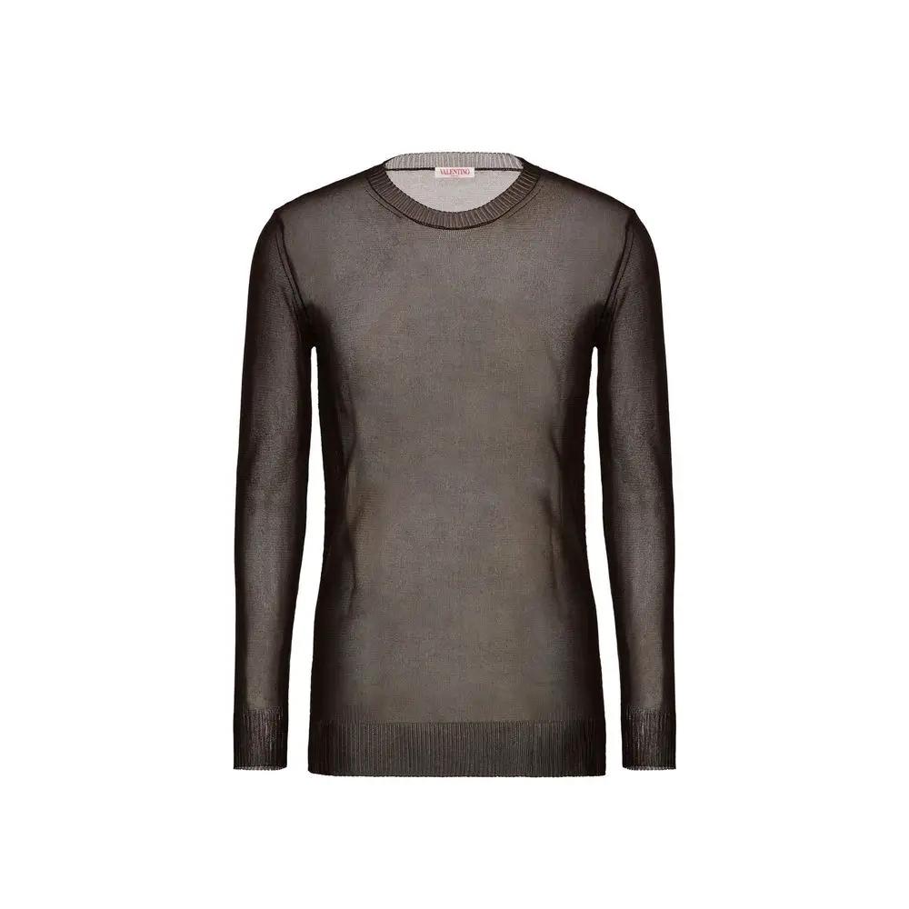 Men’s Brown Silk Sheer Sweater – Valentino Crew Neck Lightweight Knit Made in Italy