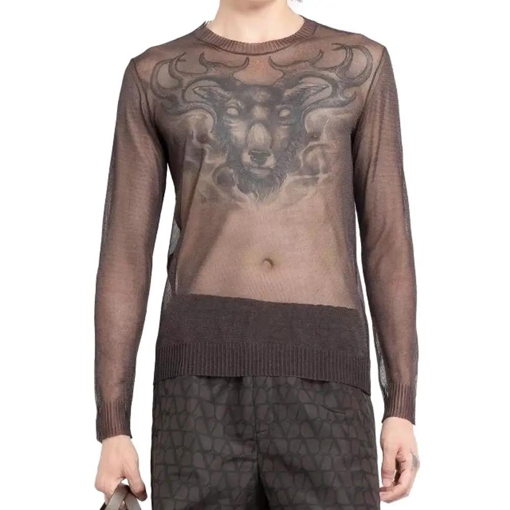 Men’s Brown Silk Sheer Sweater – Valentino Crew Neck Lightweight Knit Made in Italy