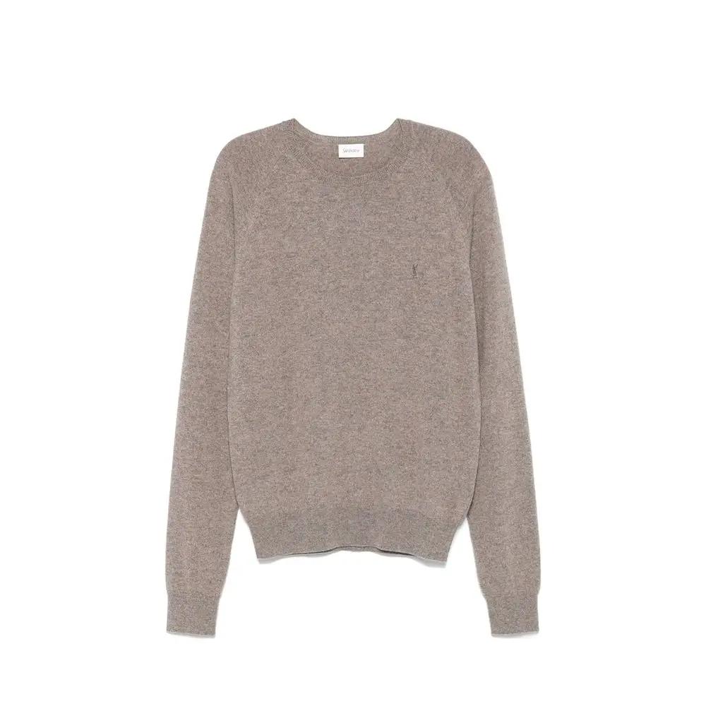 Men’s Taupe Cashmere Sweater – Saint Laurent Crew Neck Logo Knit Made in Italy