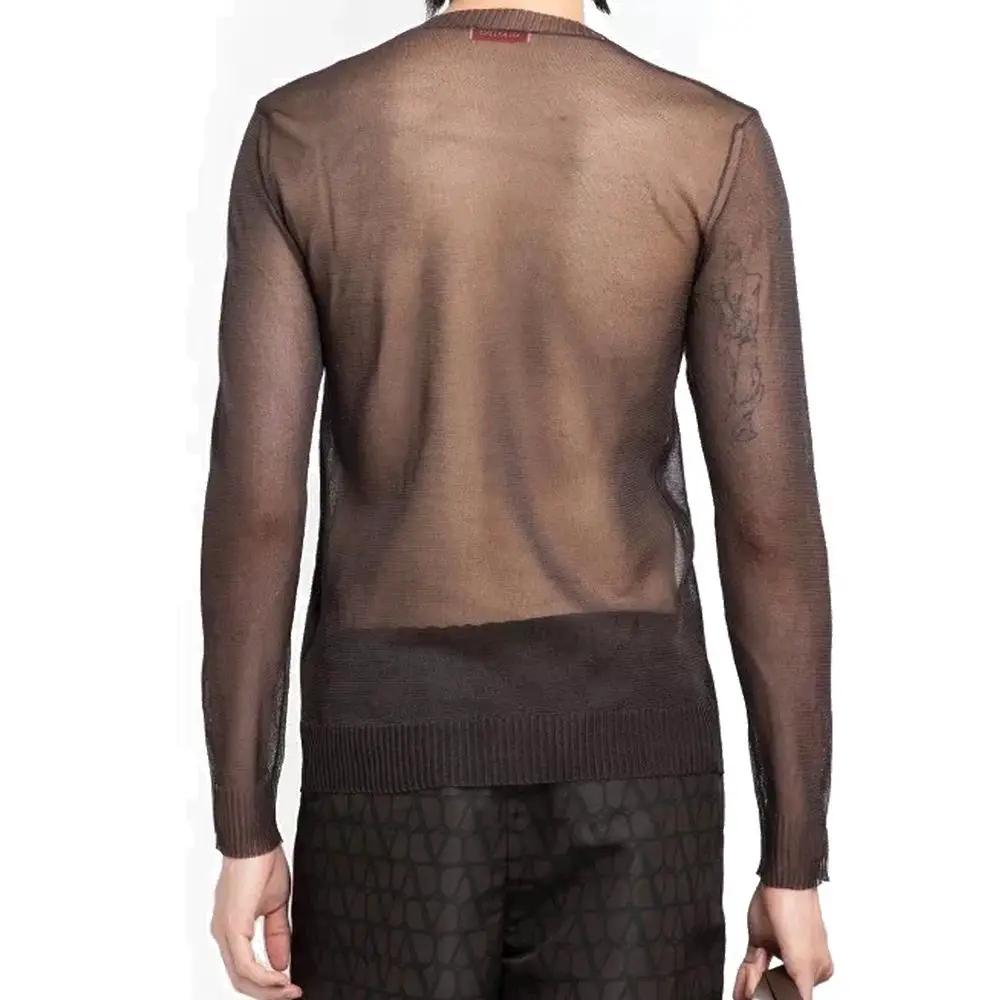 Men’s Brown Silk Sheer Sweater – Valentino Crew Neck Lightweight Knit Made in Italy