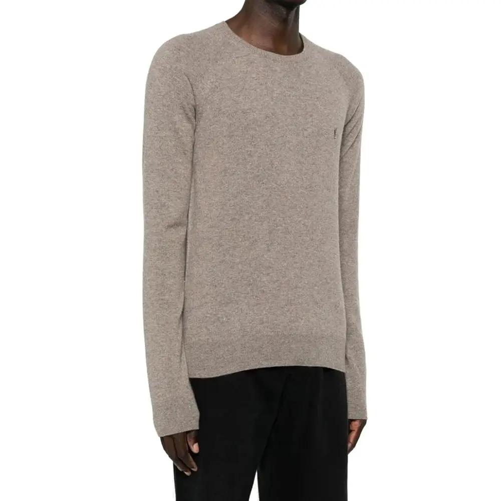 Men’s Taupe Cashmere Sweater – Saint Laurent Crew Neck Logo Knit Made in Italy
