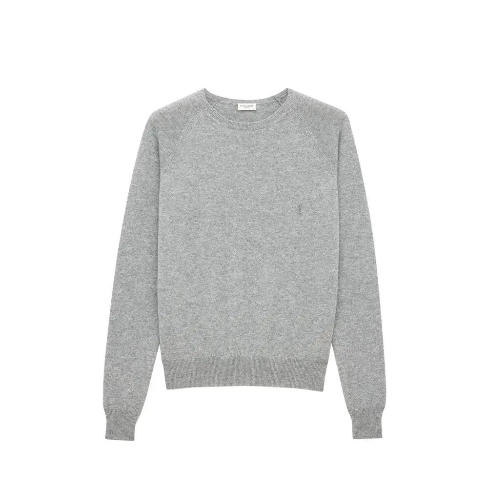Men’s Grey Cashmere Sweater – Saint Laurent Crew Neck Logo Knit Made in Italy