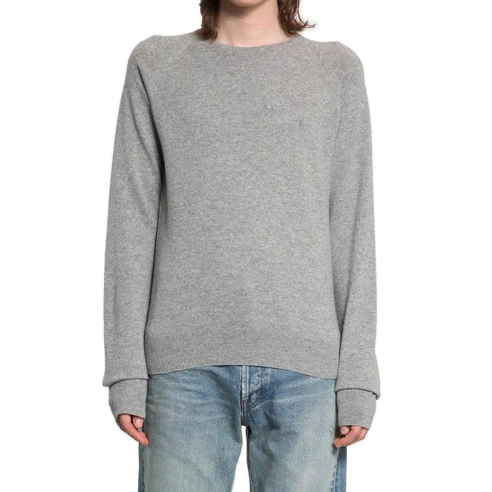 Men’s Grey Cashmere Sweater – Saint Laurent Crew Neck Logo Knit Made in Italy