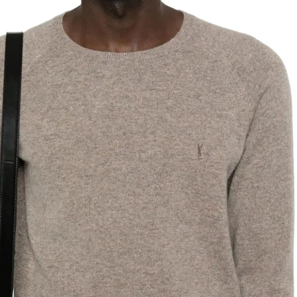 Men’s Taupe Cashmere Sweater – Saint Laurent Crew Neck Logo Knit Made in Italy