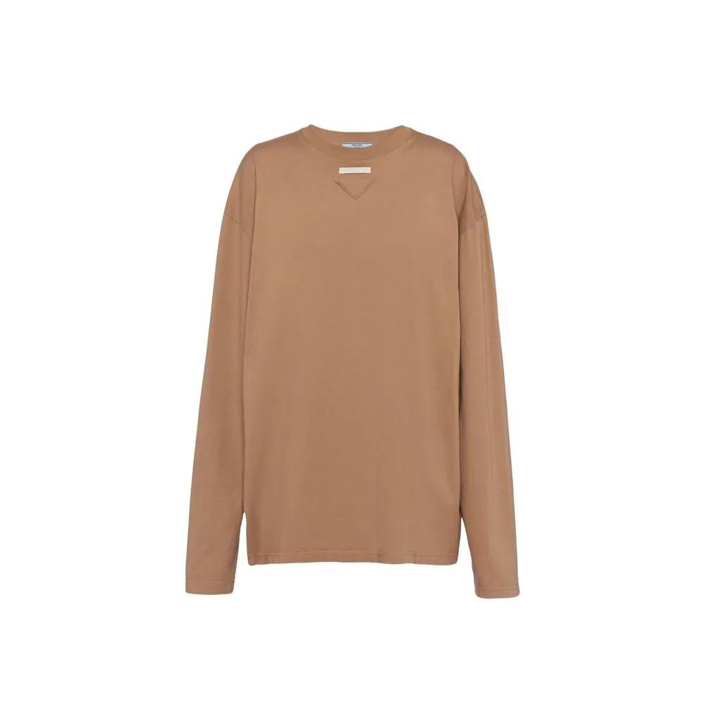 Women’s Brown Long Sleeve Cotton T-Shirt – Prada Crew Neck Top with Triangle Logo