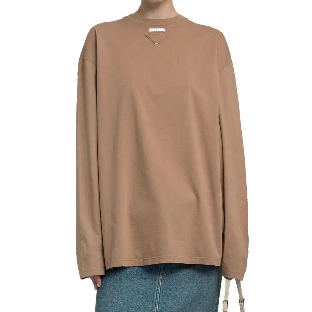 Women’s Brown Long Sleeve Cotton T-Shirt – Prada Crew Neck Top with Triangle Logo
