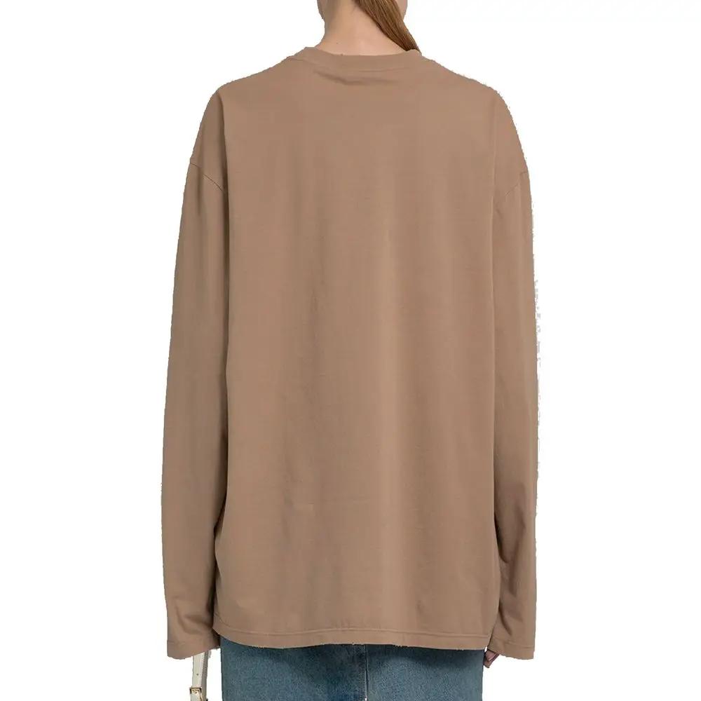 Women’s Brown Long Sleeve Cotton T-Shirt – Prada Crew Neck Top with Triangle Logo